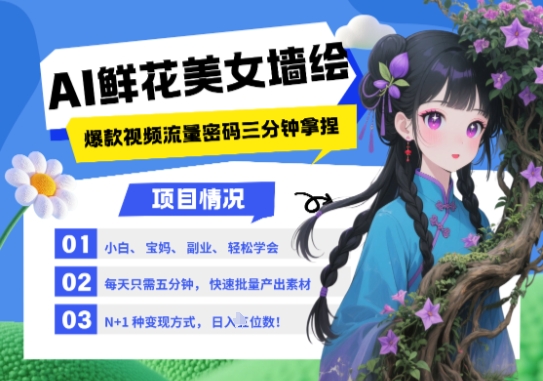 AI+墙绘+美女+鲜花，2025最火流量密码，小白三分钟学会，N种变现渠道，月入五位数祝你网-副业赚钱-互联网创业-资源整合祝你网