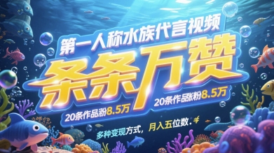 第一人称水族代言视频，条条万赞，20条作品涨粉7.8W，多种变现方式月入五位数祝你网-副业赚钱-互联网创业-资源整合祝你网