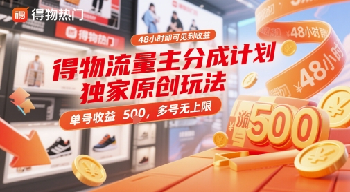 得物流量主分成计划独家原创玩法，48小时即可见到收益，单号收益5张，多号无上限祝你网-副业赚钱-互联网创业-资源整合祝你网