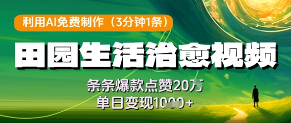 利用AI免费制作田园生活治愈视频，条条爆款点赞20W，单日变现几张祝你网-副业赚钱-互联网创业-资源整合祝你网