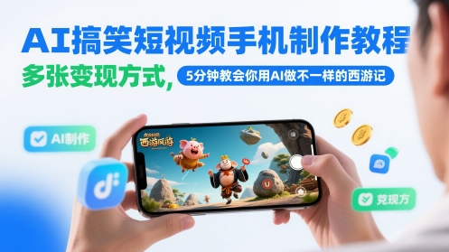 AI搞笑短视频手机制作教程，多张变现方式，5分钟教会你用AI做不一样的西游记祝你网-副业赚钱-互联网创业-资源整合祝你网