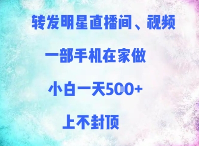 转发明星直播间、视频，一部手机在家做，小白一天多张，上不封顶祝你网-副业赚钱-互联网创业-资源整合祝你网