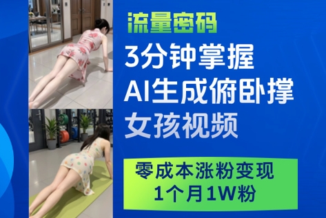 3分钟掌握AI生成俯卧撑女孩视频，零成本涨粉变现，1个月1W粉祝你网-副业赚钱-互联网创业-资源整合祝你网