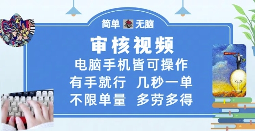 审核视频，电脑手机皆可操作，有手就行，几秒一单，不限单量，多劳多得【揭秘】祝你网-副业赚钱-互联网创业-资源整合祝你网