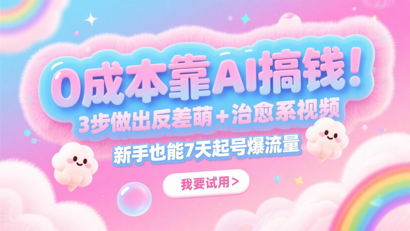 0成本靠AI搞钱！3步做出反差萌+治愈系视频，新手也能7天起号爆流量，月入5位数祝你网-副业赚钱-互联网创业-资源整合祝你网