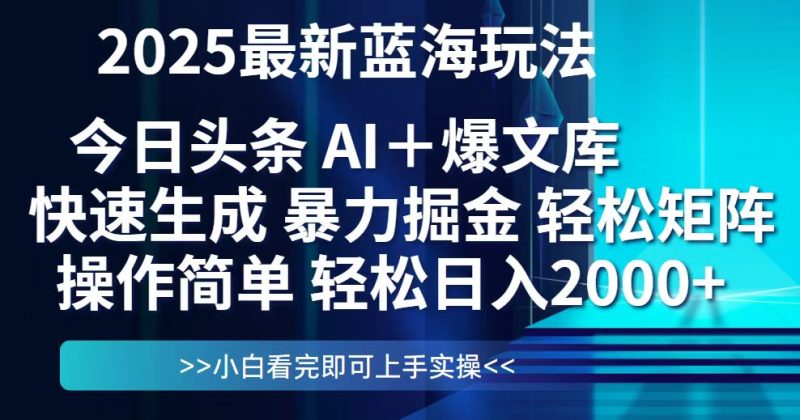 今日头条2025最新蓝海玩法，思路简单，复制粘贴，轻松实现矩阵日入2000+祝你网-副业赚钱-互联网创业-资源整合祝你网