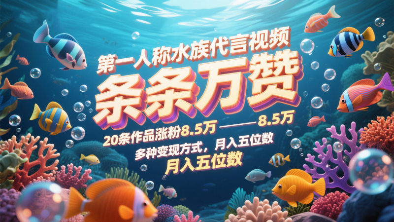 第一人称水族代言视频，条条万赞，20条作品涨粉8.5万，多种变现方式月，入五位数祝你网-副业赚钱-互联网创业-资源整合祝你网