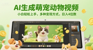 AI生成萌宠动物视频，小白轻松上手，多种变现方式，日入4位数祝你网-副业赚钱-互联网创业-资源整合祝你网