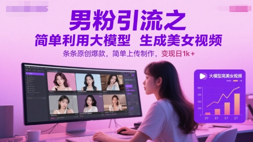 男粉引流之简单利用大模型生成美女视频，条条原创爆款，简单上传制作，变现日1k+祝你网-副业赚钱-互联网创业-资源整合祝你网