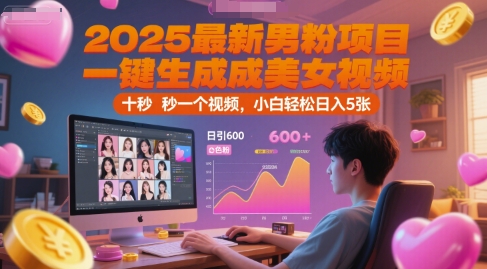 2025最新男粉项目，一键生成美女视频，日引600+色粉 十秒一个视频，小白轻松日入5张祝你网-副业赚钱-互联网创业-资源整合祝你网
