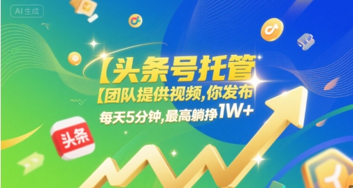 【头条号托管 】团队提供视频，你发布，每天5分钟，最高躺挣1W+【揭秘】祝你网-副业赚钱-互联网创业-资源整合祝你网