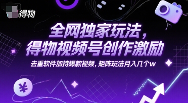 全网独家玩法，得物视频号创作激励 去重软件加持爆款视频，矩阵玩法月入几个w祝你网-副业赚钱-互联网创业-资源整合祝你网