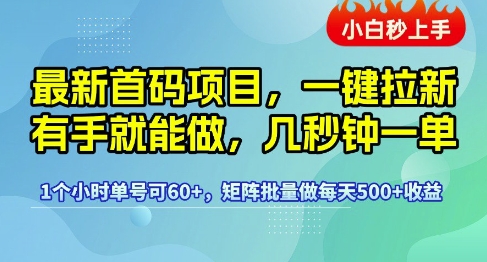 最新首码项目，一键拉新有手就能做，几秒钟一单，1个小时单号可60+，矩阵批量做每天5张祝你网-副业赚钱-互联网创业-资源整合祝你网