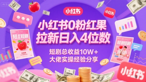 小红书0粉红果短剧拉新日入4位，数短剧总收益10W+大佬实操经验分享祝你网-副业赚钱-互联网创业-资源整合祝你网