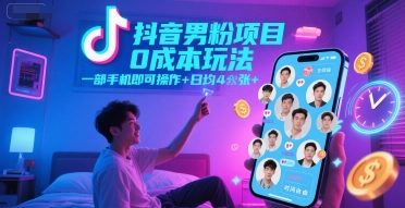 抖音男粉项目0成本玩法，一部手机即可操作，日均4张+，时间自由祝你网-副业赚钱-互联网创业-资源整合祝你网