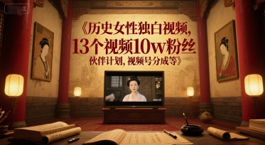历史女性独白视频，13个视频10w粉丝，伙伴计划，视频号分成等祝你网-副业赚钱-互联网创业-资源整合祝你网