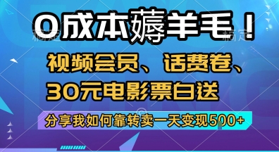 0成本薅羊毛!视频会员、话费卷、30元电影票白送，分享我如何靠转卖一天变现5张+祝你网-副业赚钱-互联网创业-资源整合祝你网