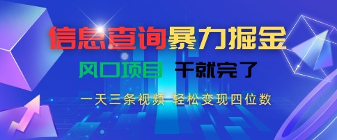 信息查询暴力掘金，一天三条视频，轻松变现四位数，风口项目干就完了祝你网-副业赚钱-互联网创业-资源整合祝你网
