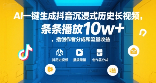 AI一键生成抖音沉浸式历史长视频，条条播放10w+，撸创作者分成和流量收益祝你网-副业赚钱-互联网创业-资源整合祝你网