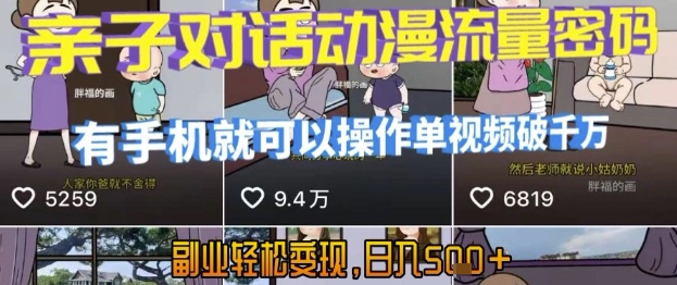 AI引爆短视频，亲子对话动漫流量密码，有手机就可以操作，单视频破千万播放，副业轻松变现，日入5张祝你网-副业赚钱-互联网创业-资源整合祝你网