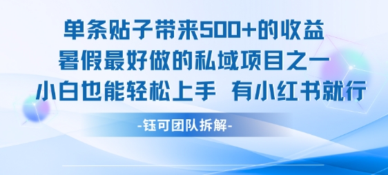 单条贴子带来5张的收益，暑假最好做的私域项目之一，小白也能轻松上手，有小红书就行祝你网-副业赚钱-互联网创业-资源整合祝你网