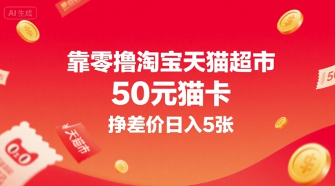 靠零撸淘宝天猫超市50元猫卡，挣差价日入5张祝你网-副业赚钱-互联网创业-资源整合祝你网