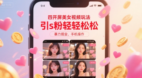四开屏美女视频玩法，引s粉轻轻松松，暴力掘金，手机操作祝你网-副业赚钱-互联网创业-资源整合祝你网