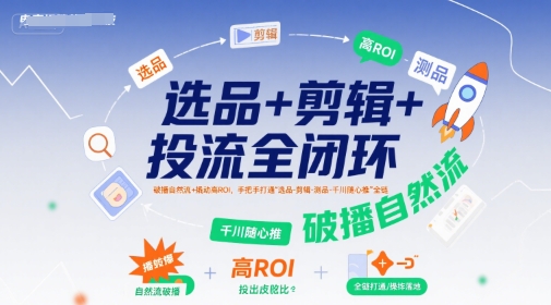 选品+剪辑+投流全闭环，破播自然流+撬动高ROI，手把手打通“选品-剪辑-测品-千川随心推”全链祝你网-副业赚钱-互联网创业-资源整合祝你网