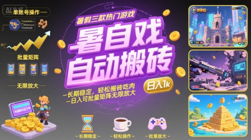 暑假三款热门游戏自动搬砖，长期稳定，轻松搬砖吃肉，日入1k ，可批量矩阵无限放大祝你网-副业赚钱-互联网创业-资源整合祝你网
