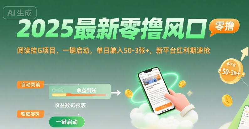 2025最新零撸风口，阅读挂G项目，一键启动，单日躺入 50-3张+，新平台红利期速抢祝你网-副业赚钱-互联网创业-资源整合祝你网