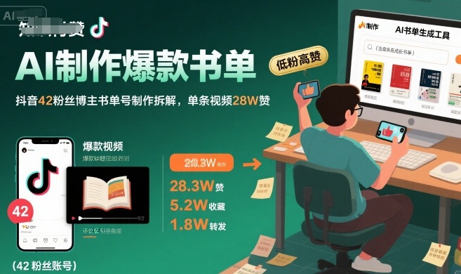 AI制作爆款书单，抖音42粉丝博主书单号制作拆解，单条视频28W赞祝你网-副业赚钱-互联网创业-资源整合祝你网