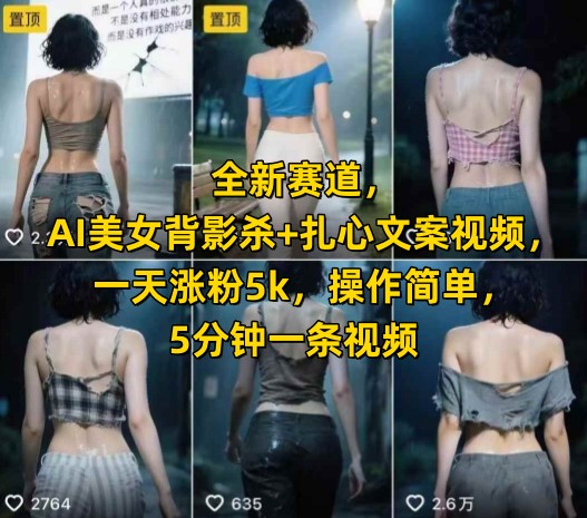 全新赛道，AI美女背影杀+扎心文案视频，一天涨粉5k，操作简单，5分钟一条视频祝你网-副业赚钱-互联网创业-资源整合祝你网