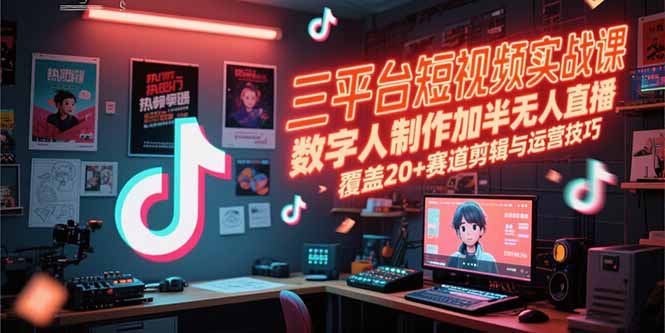 三平台短视频实战课，数字人制作加半无人直播，覆盖20+赛道剪辑与运营技巧祝你网-副业赚钱-互联网创业-资源整合祝你网