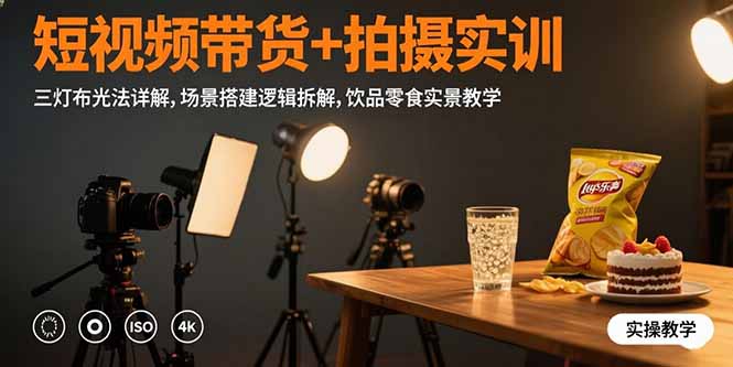 短视频带货+拍摄实训：三灯布光法详解,场景搭建逻辑拆解,饮品零食实景教学祝你网-副业赚钱-互联网创业-资源整合祝你网