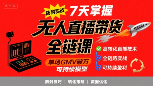无人直播带货全链防封实战课，7天掌握高转化直播技术，实现单场GMV破万可持续模型祝你网-副业赚钱-互联网创业-资源整合祝你网