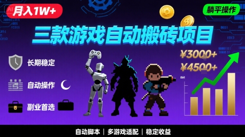 三款游戏自动搬砖，月入1W+，长期稳定收益副业项目，全程躺平操作祝你网-副业赚钱-互联网创业-资源整合祝你网
