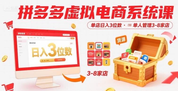 拼多多虚拟电商系统课，单店日入3位数，单人可管理3-8家店【附货源】祝你网-副业赚钱-互联网创业-资源整合祝你网
