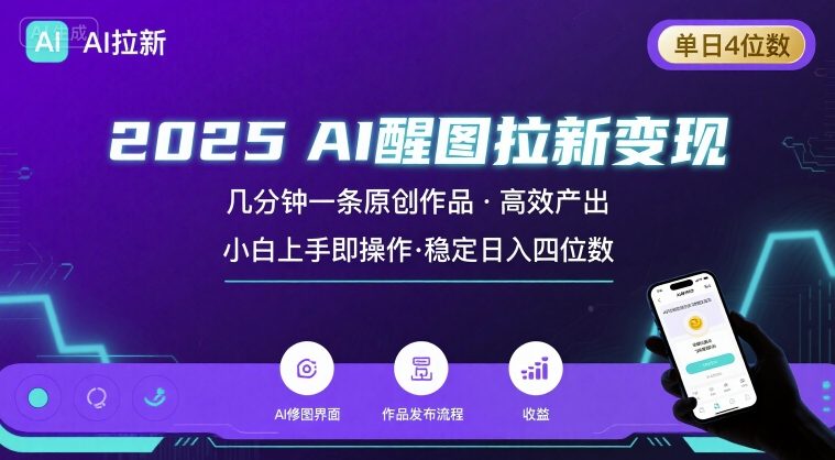 2025最强AI醒图拉新，几分钟一条原创作品，单日收入4位数，小白也能上手操作祝你网-副业赚钱-互联网创业-资源整合祝你网