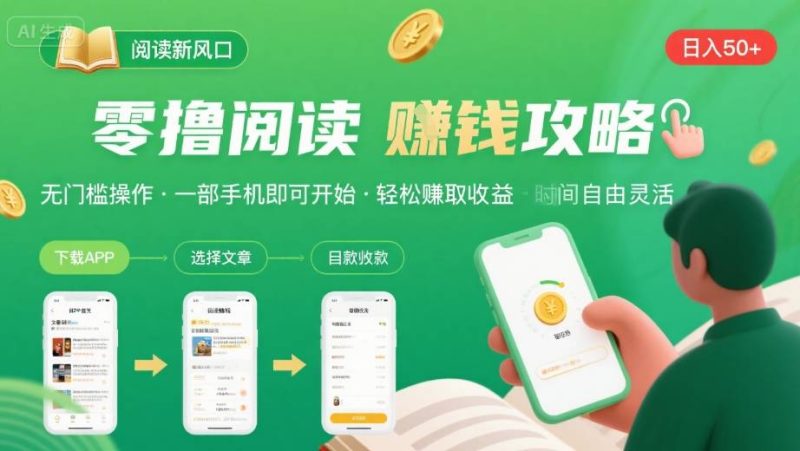 零撸阅读新风口，无门槛轻松挣，一部手机，日入 50-3张【揭秘】祝你网-副业赚钱-互联网创业-资源整合祝你网