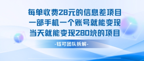 每单收费28米的项目单日能变现280左右 一部手机一个账号就能变现祝你网-副业赚钱-互联网创业-资源整合祝你网