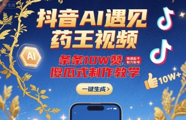 抖音AI遇见药王视频，条条10W赞，快速起千粉万粉号，傻瓜式制作教学祝你网-副业赚钱-互联网创业-资源整合祝你网