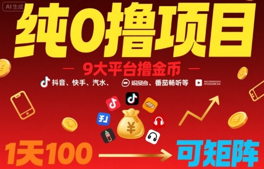 纯0撸项目，9大平台撸金币，抖音，快手，汽水，番茄畅听等，1天100，可矩阵祝你网-副业赚钱-互联网创业-资源整合祝你网