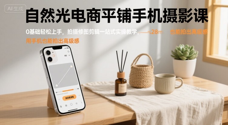 自然光电商平铺手机摄影课，0基础轻松上手，拍摄修图剪辑一站式实操教学，用手机也能拍出高级感祝你网-副业赚钱-互联网创业-资源整合祝你网