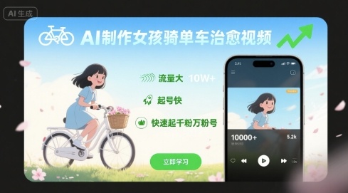 AI制作女孩骑单车治愈视频，流量大，起号快，快速起千粉万粉号祝你网-副业赚钱-互联网创业-资源整合祝你网