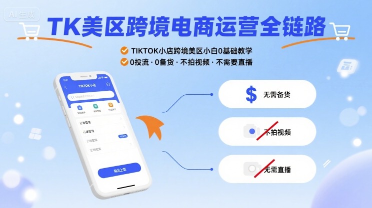 TK美区跨境电商运营全链路，TIKTOK小店跨境美区小白0基础教学，0投流0备货不拍视频不需要直播祝你网-副业赚钱-互联网创业-资源整合祝你网
