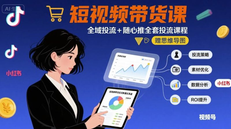 最新短视频带货课，全域投流+随心推全套投流课程+思维导图祝你网-副业赚钱-互联网创业-资源整合祝你网