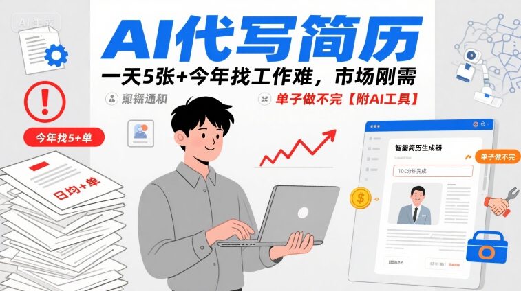 AI代写简历，一天5张+今年找工作难，市场刚需，单子做不完【附AI工具】祝你网-副业赚钱-互联网创业-资源整合祝你网