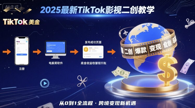 2025年最新TikTok影视二创教学，从注册到发布撸美金全流程，跨境变现新机遇祝你网-副业赚钱-互联网创业-资源整合祝你网