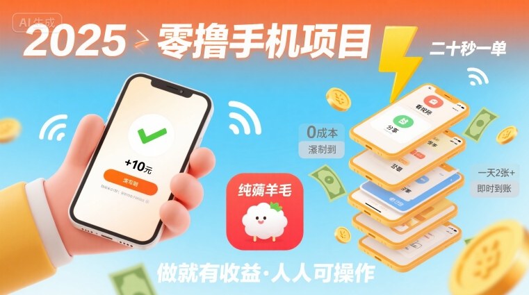 2025年零撸手机项目，二十秒一单，纯薅羊毛 一天2张+做就有【揭秘】祝你网-副业赚钱-互联网创业-资源整合祝你网