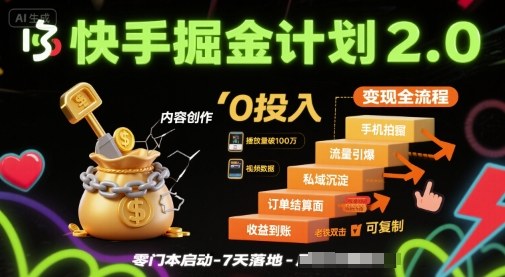 快手掘金计划2.0，快手电商变现全流程，简单可复制，0投入祝你网-副业赚钱-互联网创业-资源整合祝你网